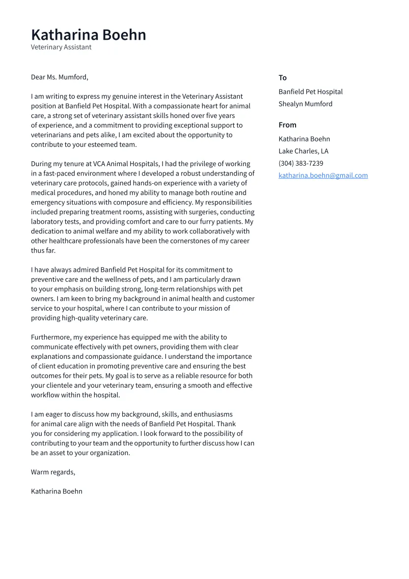 44030 veterinary assistant cover letter header
