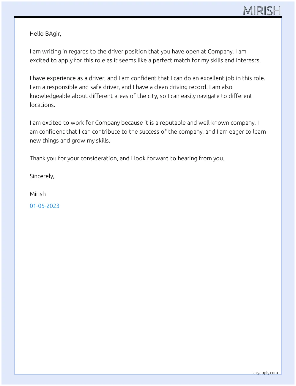 44035 driver cover letter skills