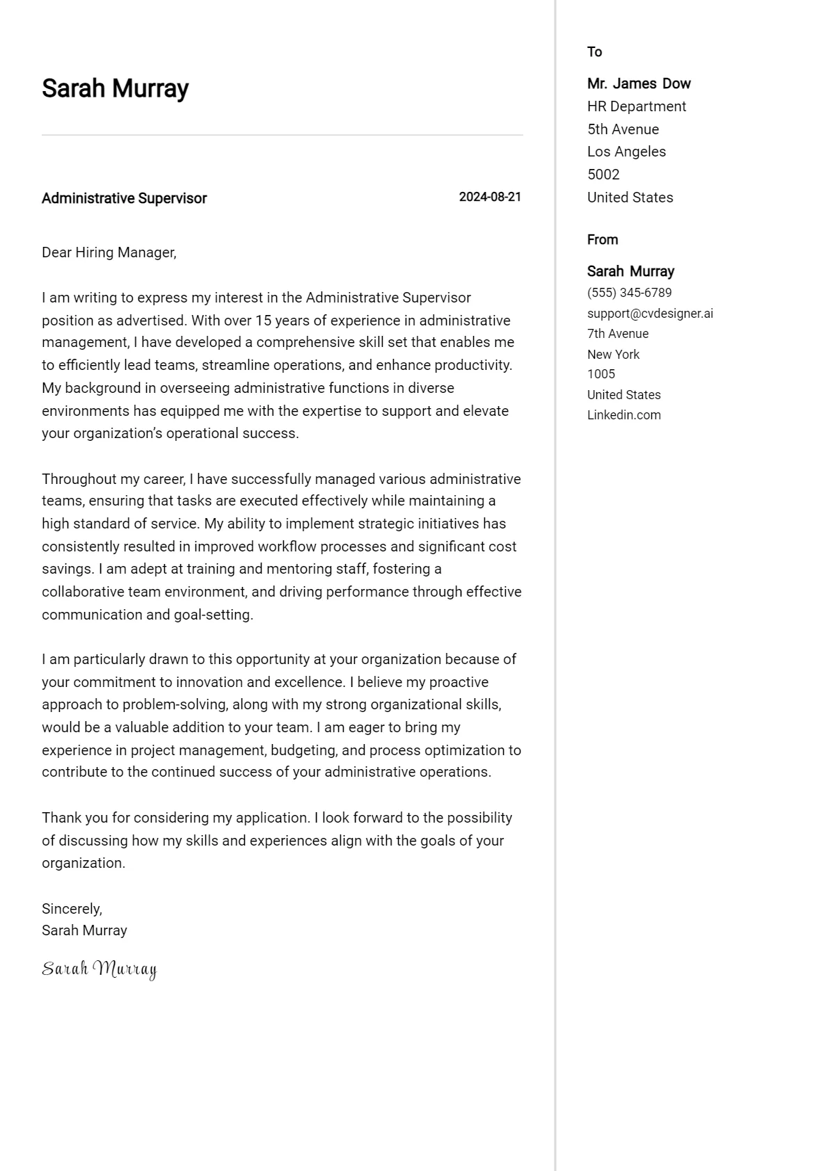 44192 administrative cover letter achievements