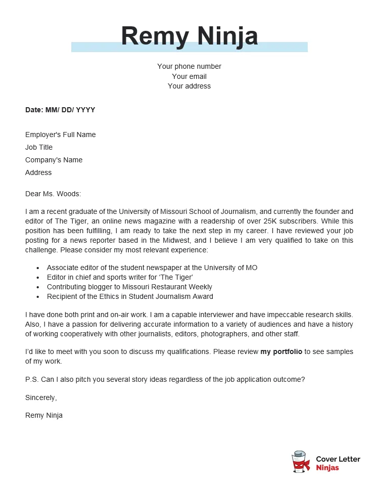 44251 journalism cover letter formatting