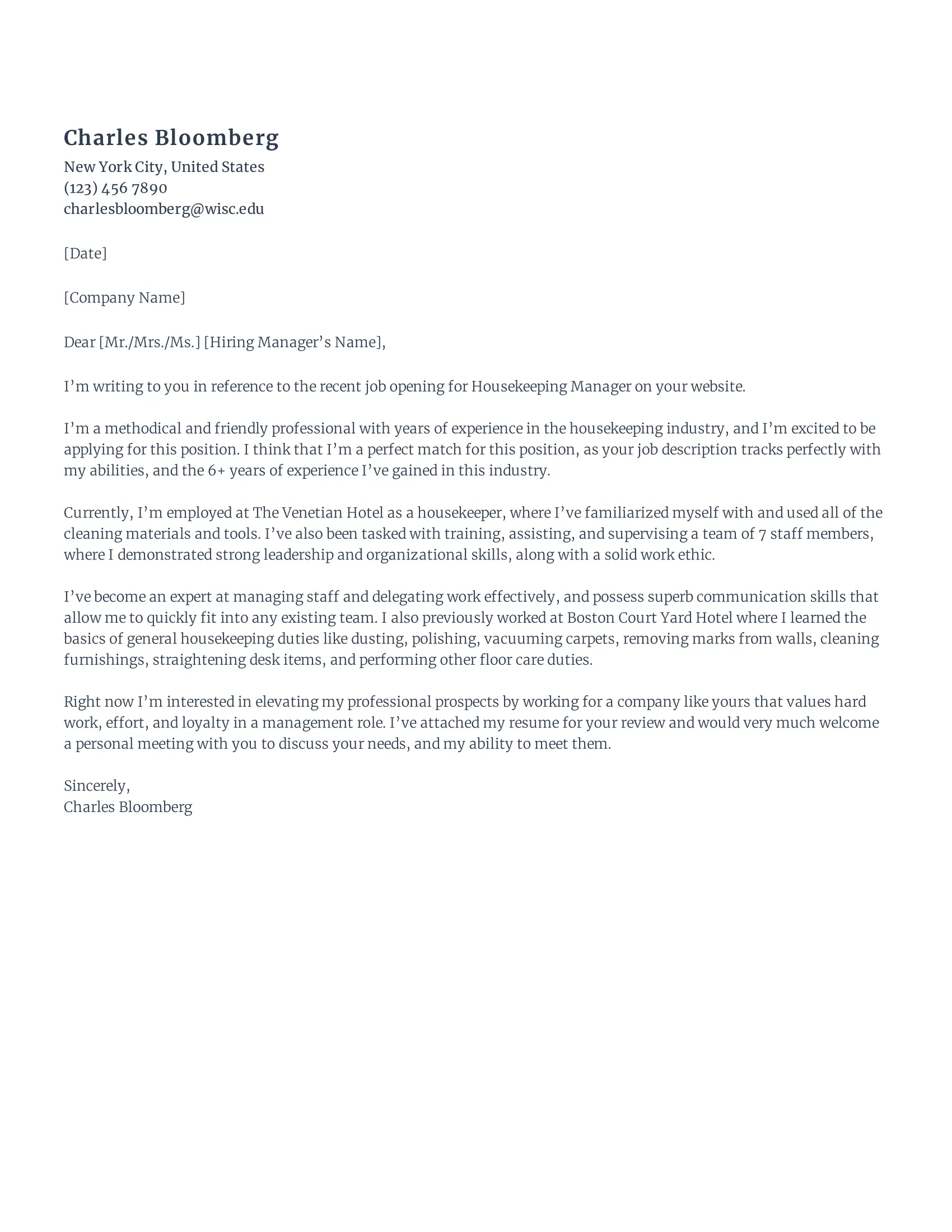 44350 housekeeping cover letter
