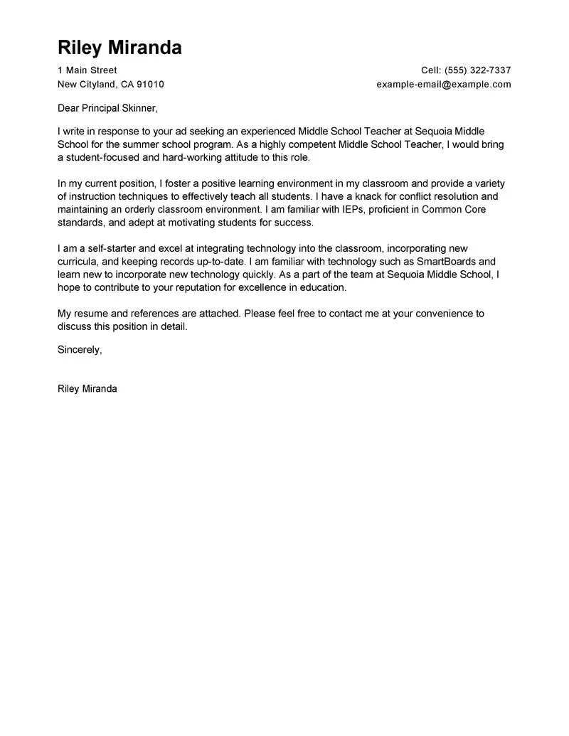 44367 teacher skills cover letter